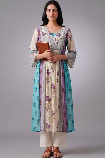 smart women floral printed angrakha kurta with trousers
