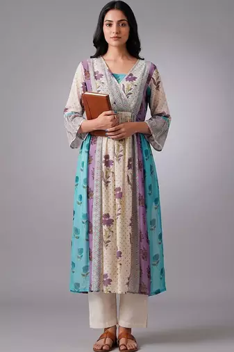 smart women floral printed angrakha kurta with trousers