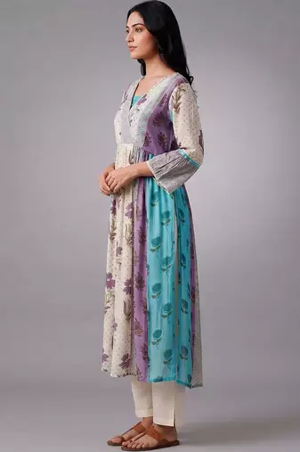 smart women floral printed angrakha kurta with trousers