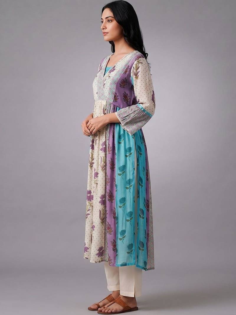 smart women floral printed angrakha kurta with trousers