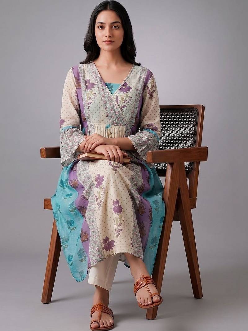 smart women floral printed angrakha kurta with trousers