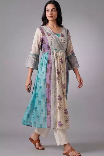 smart women floral printed angrakha kurta with trousers