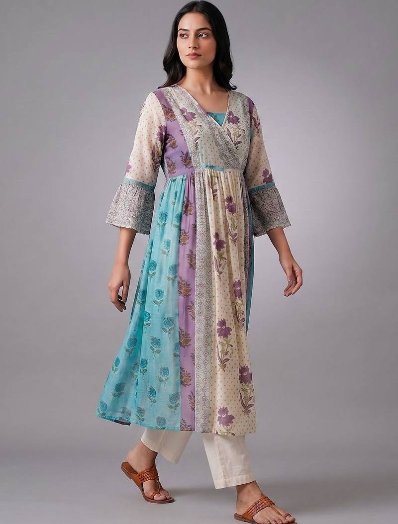smart women floral printed angrakha kurta with trousers