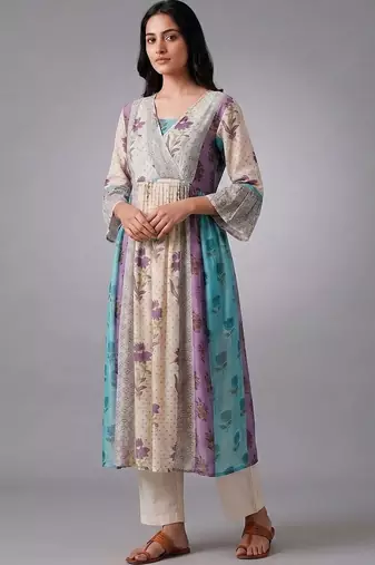 smart women floral printed angrakha kurta with trousers