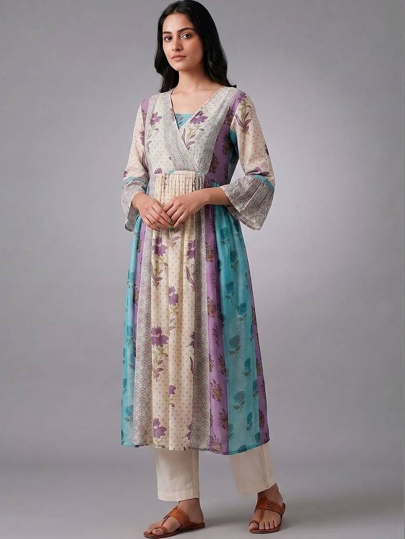 smart women floral printed angrakha kurta with trousers