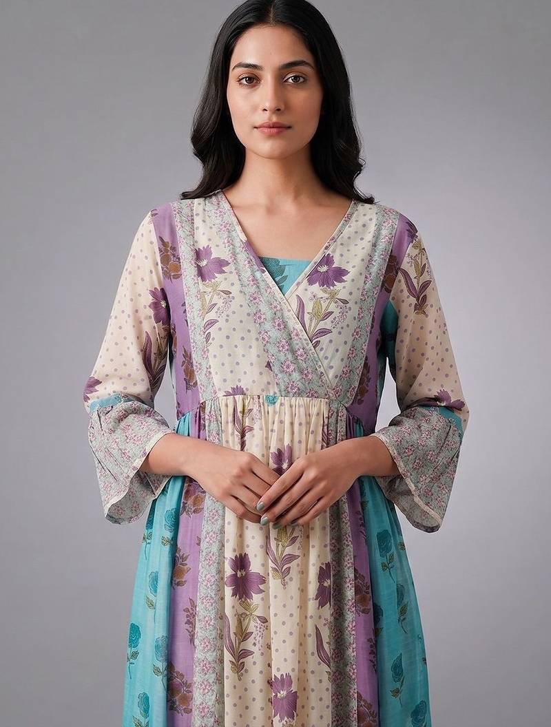 smart women floral printed angrakha kurta with trousers