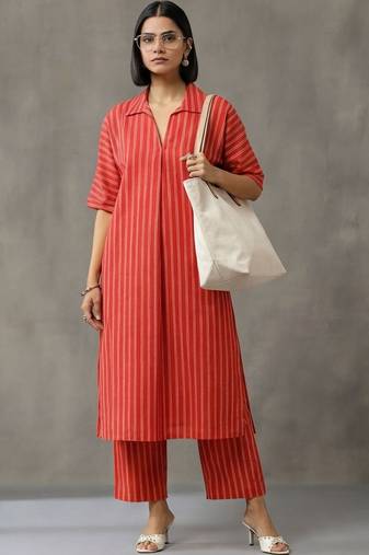 formal women printed regular cotton kurta with trousers