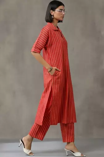 formal women printed regular cotton kurta with trousers