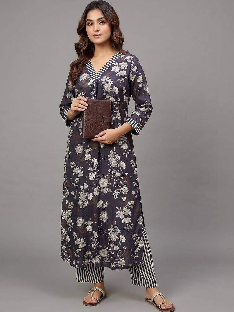 everyday workwear women floral printed regular kurta with trousers