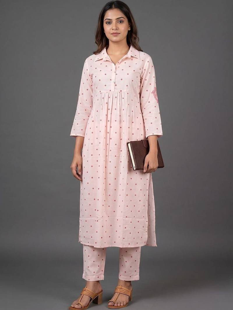 structured women printed pleated kurta with trousers
