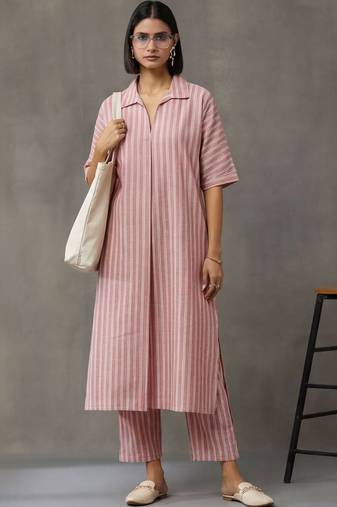 workwear women striped regular cotton kurta with trousers