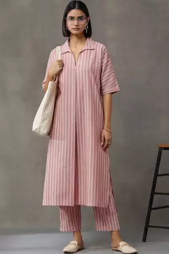 workwear women striped regular cotton kurta with trousers