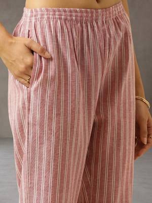 workwear women striped regular cotton kurta with trousers 4