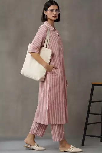 workwear women striped regular cotton kurta with trousers