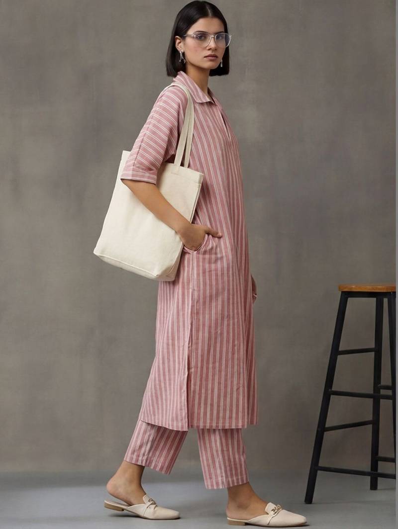 workwear women striped regular cotton kurta with trousers