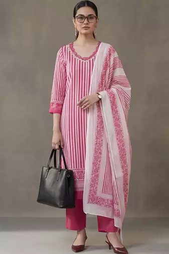 everyday workwear women printed regular thread work cotton kurta with trousers & with dupatta