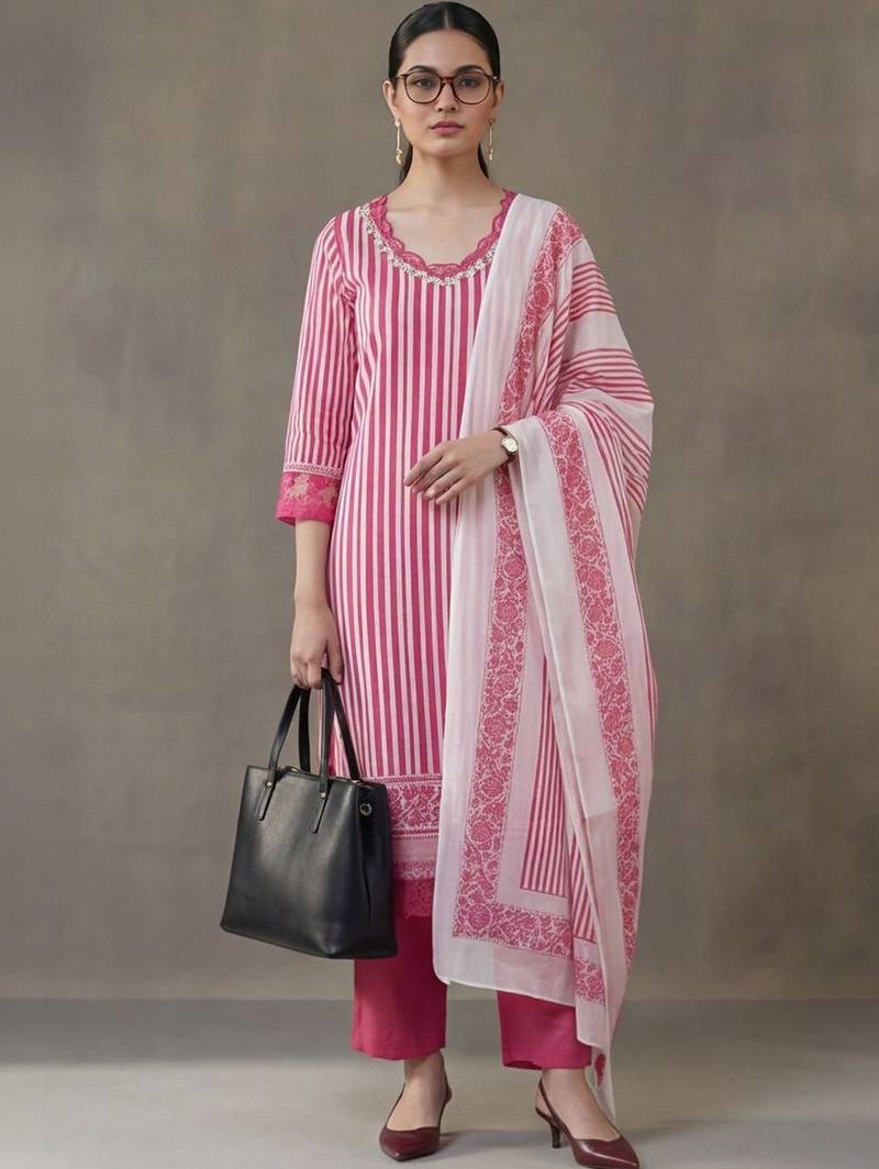 everyday workwear women printed regular thread work cotton kurta with trousers & with dupatta