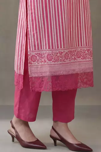 everyday workwear women printed regular thread work cotton kurta with trousers & with dupatta