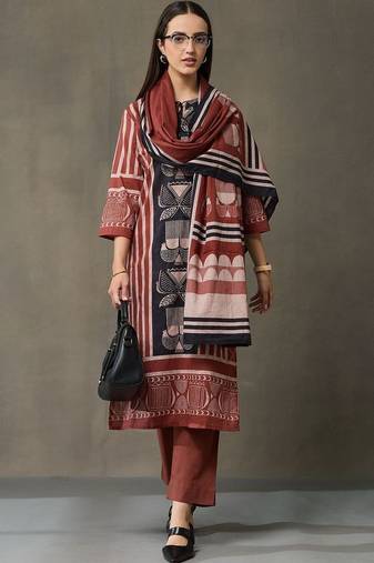 women ethnic motifs printed regular cotton kurta with trousers & with dupatta