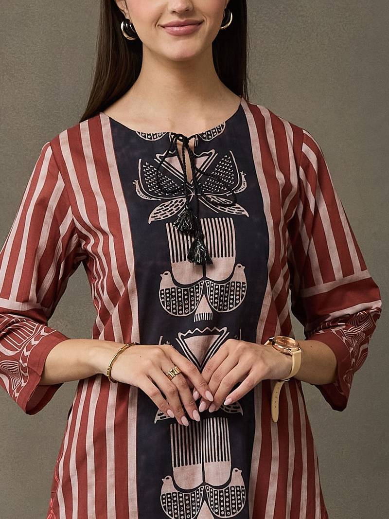 women ethnic motifs printed regular cotton kurta with trousers & with dupatta