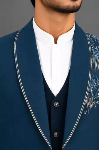 Teal blue embellished shawl lapel tuxedo set