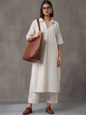 everyday workwear women striped regular cotton kurta with trousers 1