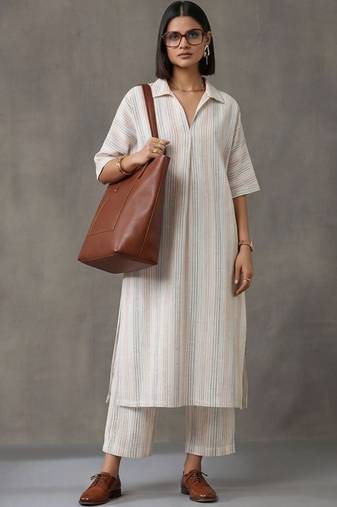 everyday workwear women striped regular cotton kurta with trousers