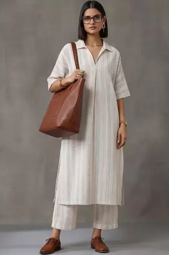 everyday workwear women striped regular cotton kurta with trousers