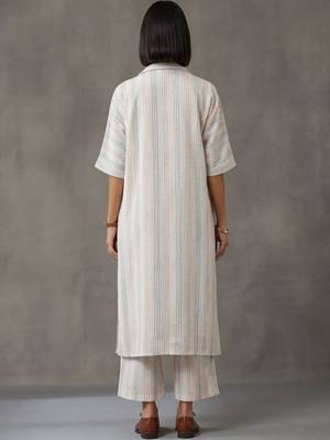 everyday workwear women striped regular cotton kurta with trousers 3