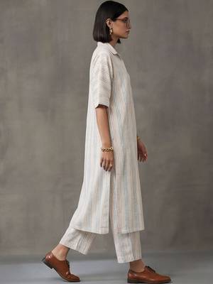 everyday workwear women striped regular cotton kurta with trousers 6