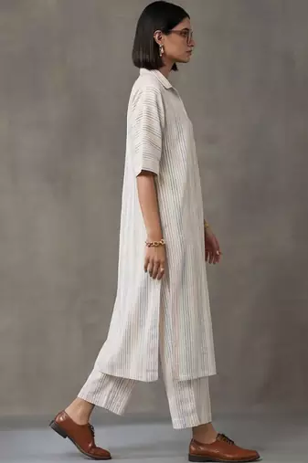 everyday workwear women striped regular cotton kurta with trousers