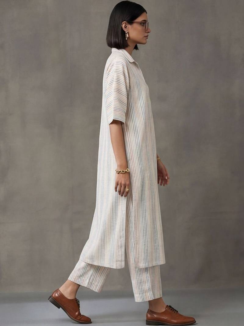 everyday workwear women striped regular cotton kurta with trousers