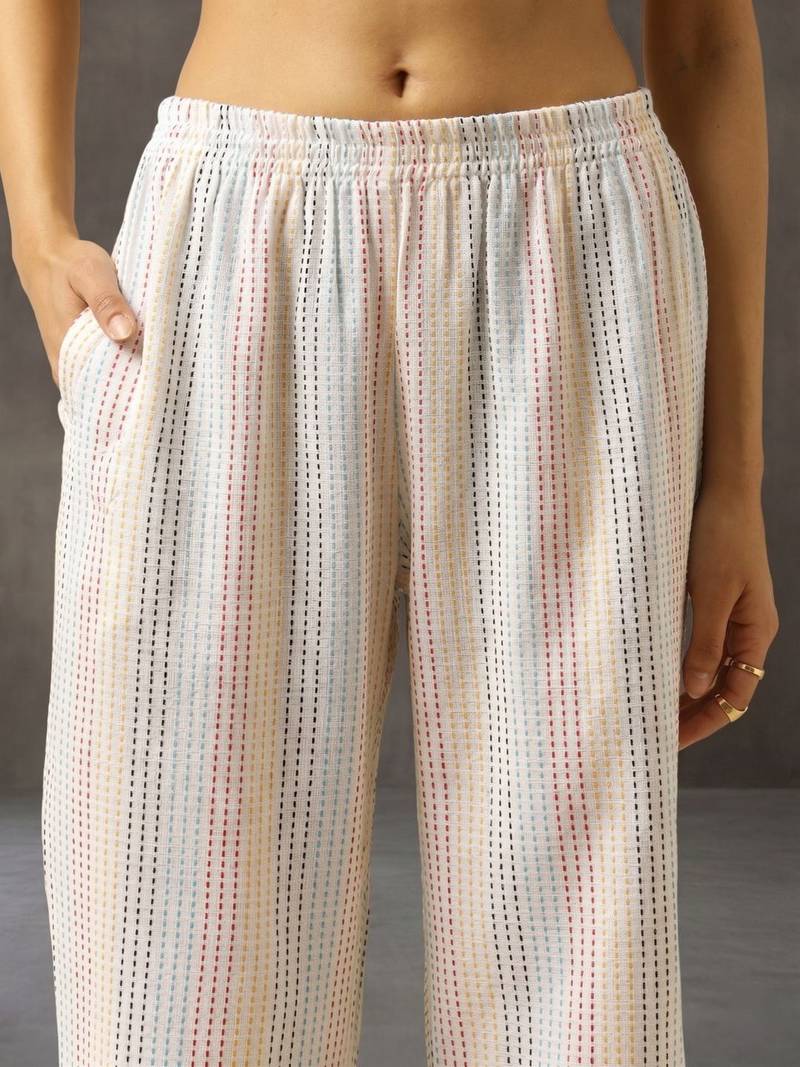 everyday workwear women striped regular cotton kurta with trousers