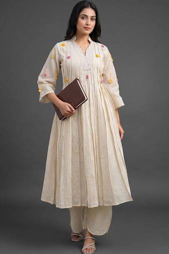 formal women striped pleated kurta with trousers