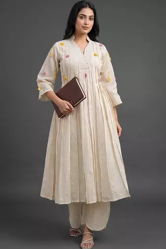 formal women striped pleated kurta with trousers