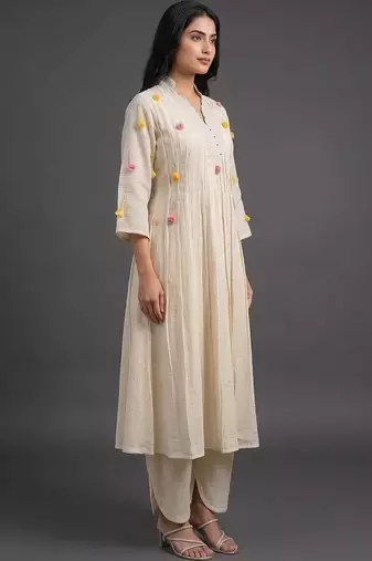 formal women striped pleated kurta with trousers