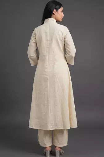 formal women striped pleated kurta with trousers