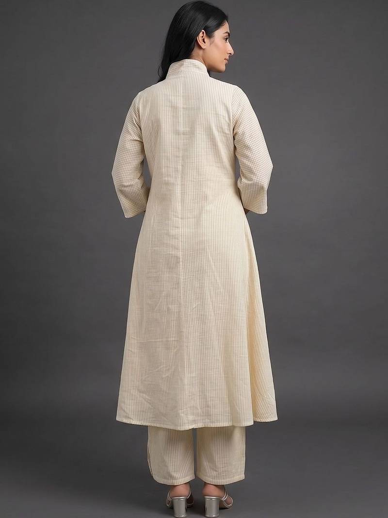formal women striped pleated kurta with trousers