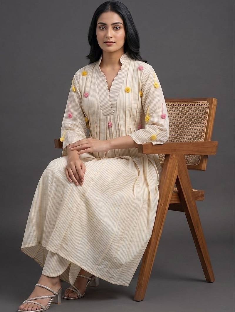 formal women striped pleated kurta with trousers