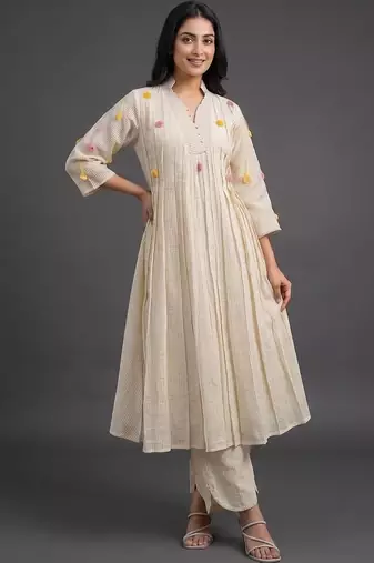 formal women striped pleated kurta with trousers