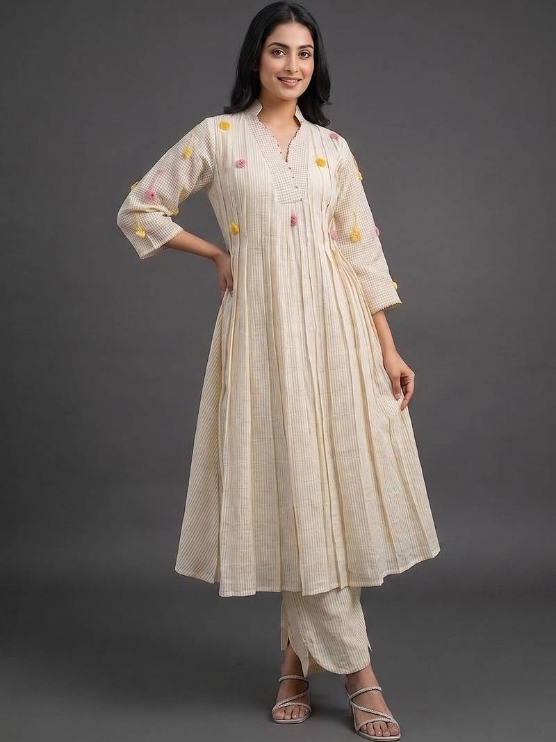 formal women striped pleated kurta with trousers