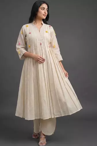 formal women striped pleated kurta with trousers