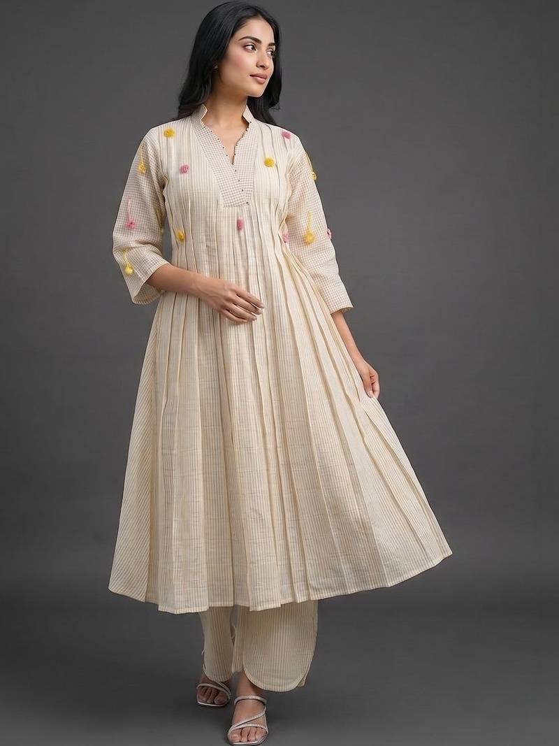 formal women striped pleated kurta with trousers