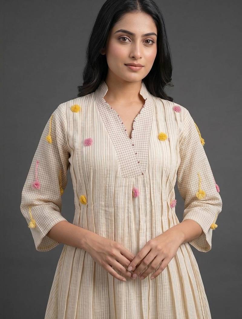 formal women striped pleated kurta with trousers