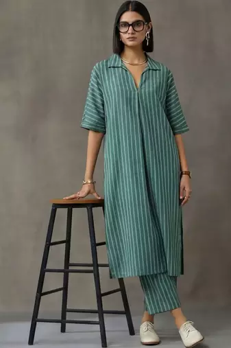 workwear women striped regular cotton kurta with trousers