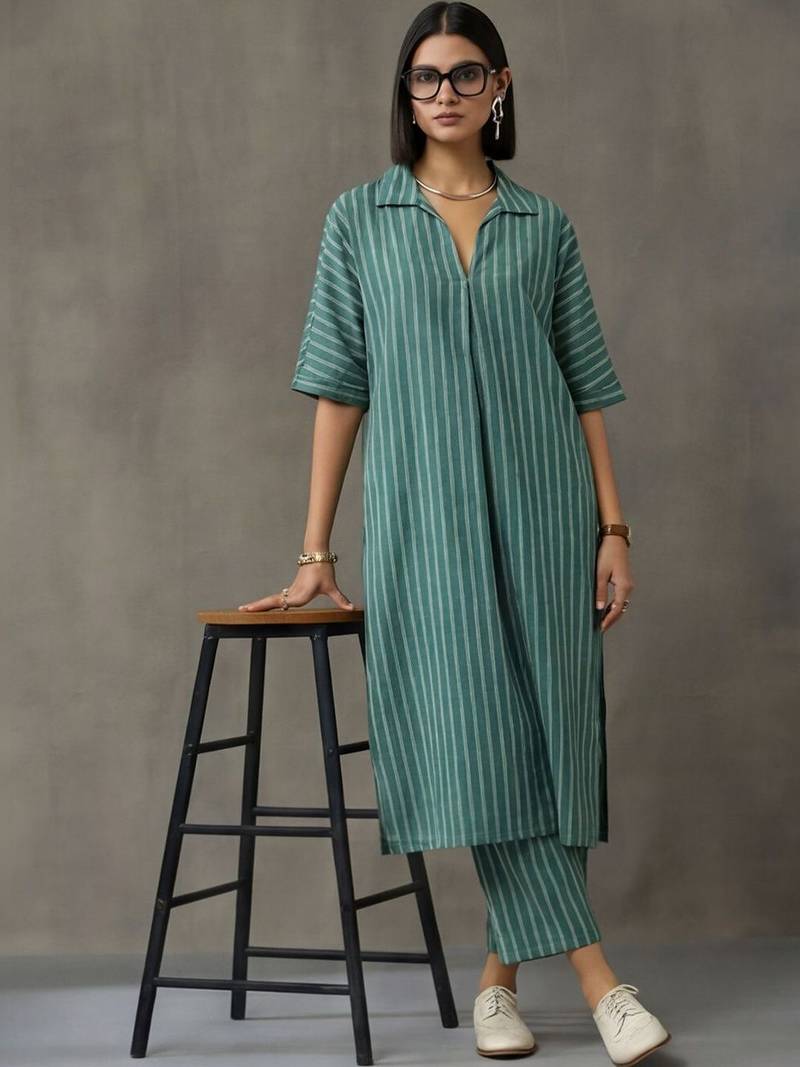 workwear women striped regular cotton kurta with trousers