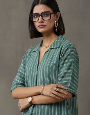 workwear women striped regular cotton kurta with trousers 2
