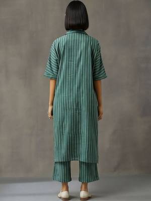 workwear women striped regular cotton kurta with trousers 3