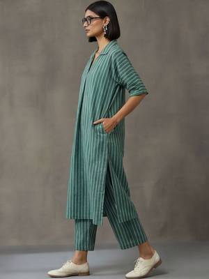 workwear women striped regular cotton kurta with trousers 6