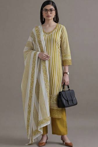 formal women printed regular sequinned cotton kurta with palazzos & with dupatta